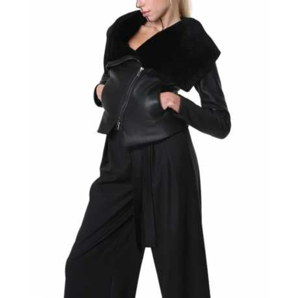 La Haine Inside Us Zwarte shearling jas met schuine rits Black Dames
