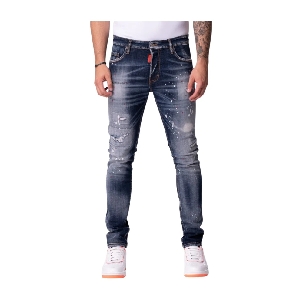 My Brand Geborduurde Rode Spijkerbroek Blauw Blue Heren