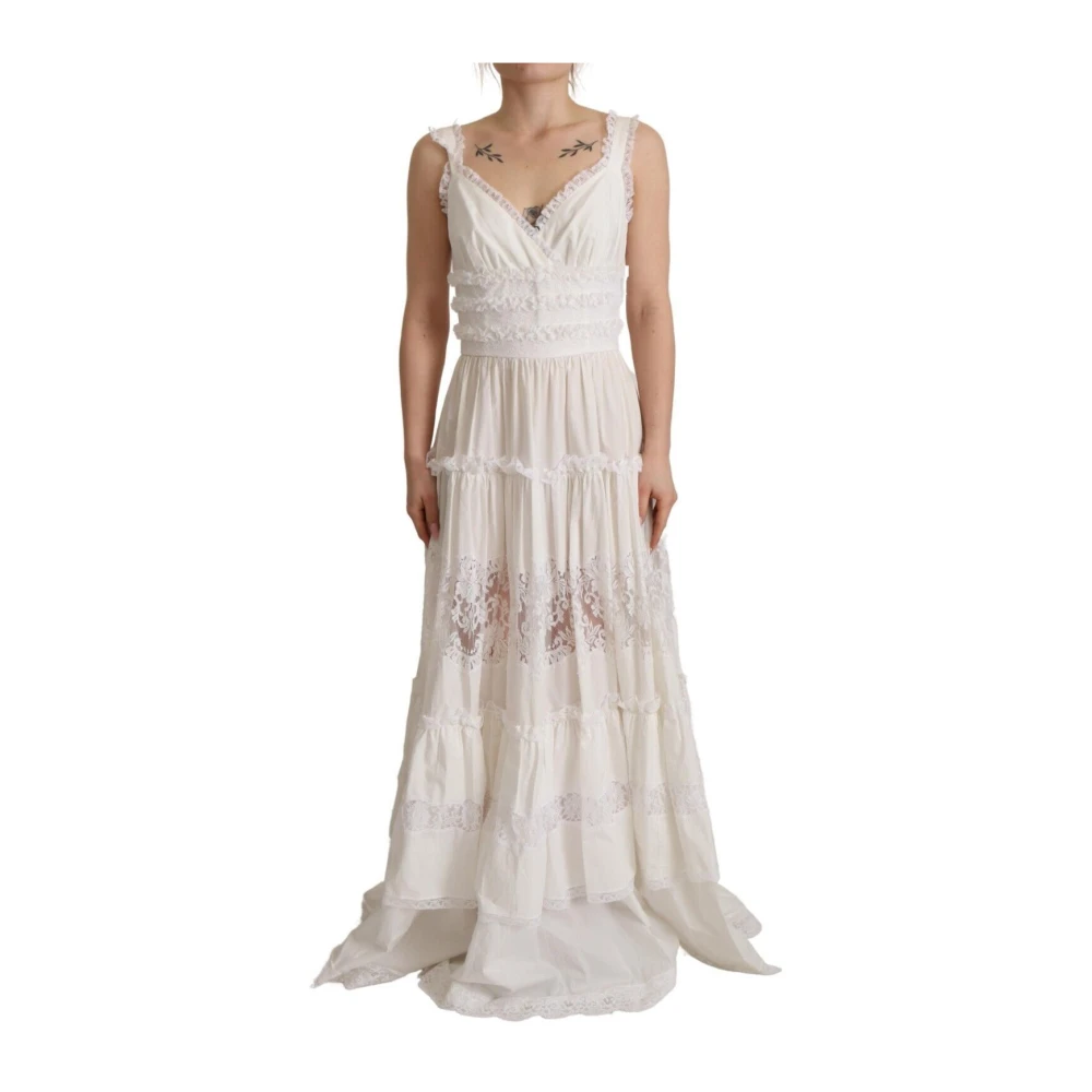 Dolce & Gabbana Women's White Cotton Tiered Long Maxi A-Line Dress