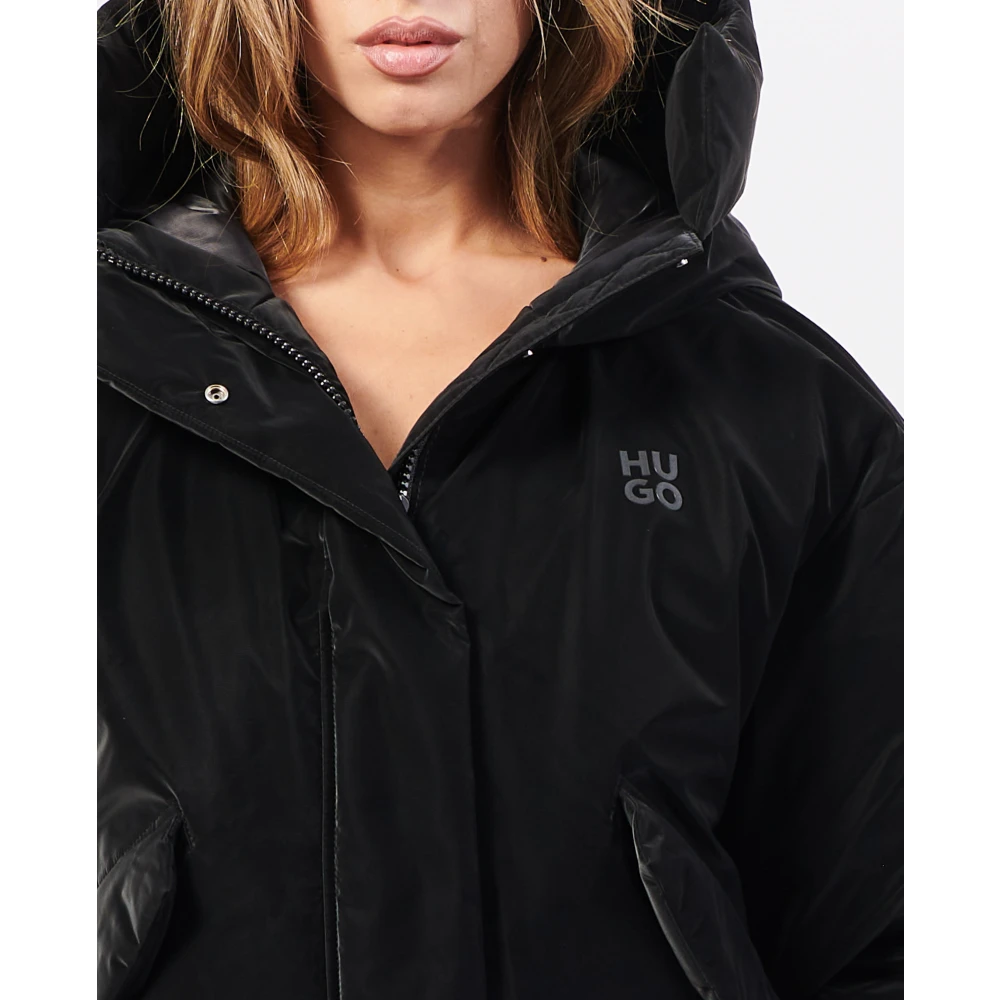Hugo Boss Oversize Fluwelen Jas met Capuchon Black Dames