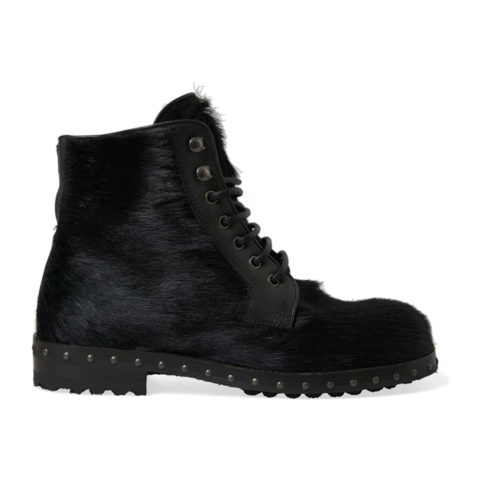 Dolce & Gabbana Men's Black Leather Mid Calf Lace-Up Boots With Rubber Sole - Lace-Up Boots - 6 Uk - Shoes