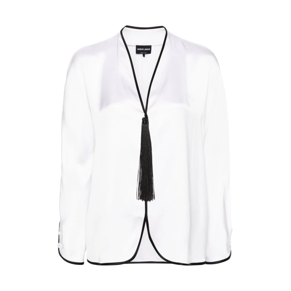 Giorgio Armani Zijden Satijnen V-hals Shirt White Dames