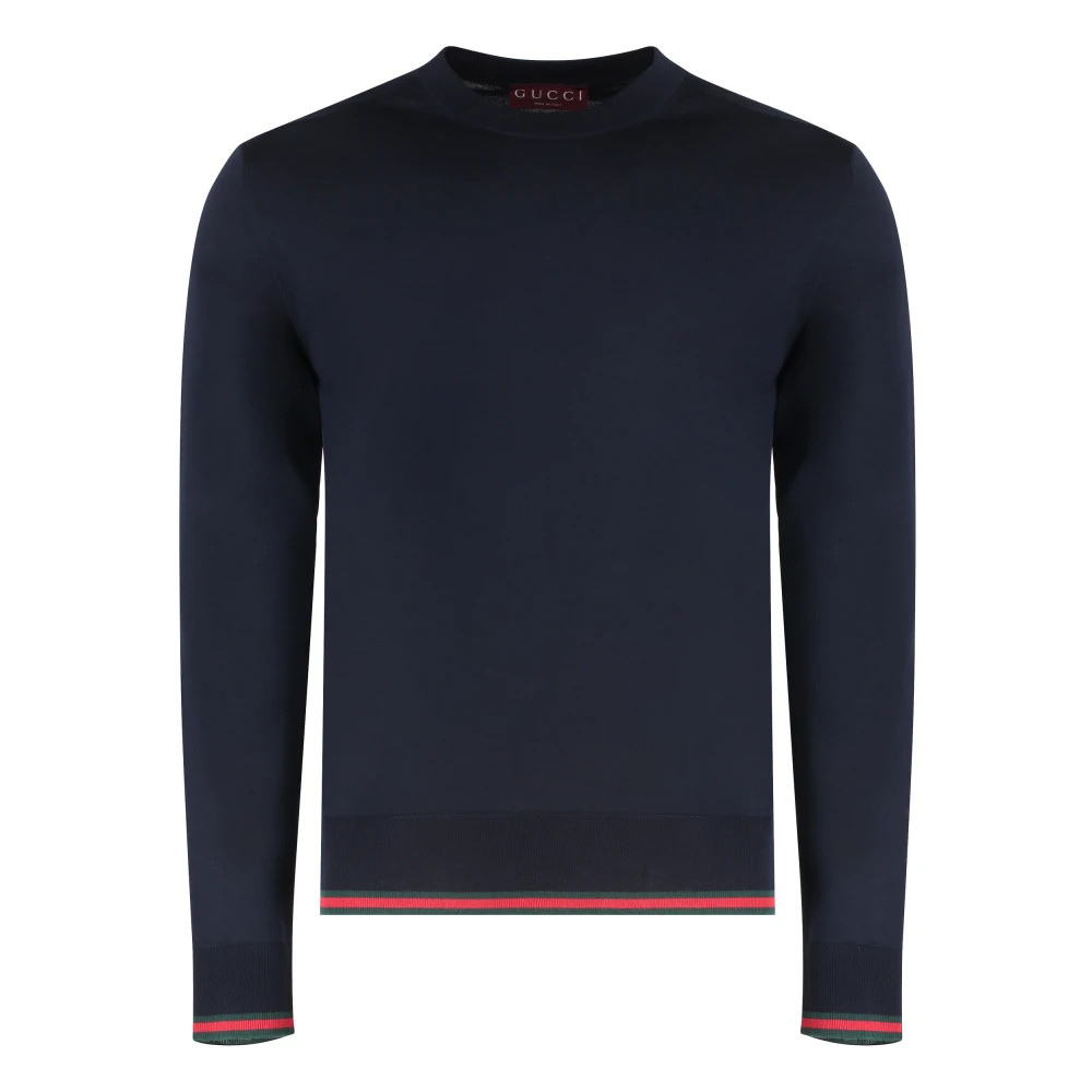 Gucci Blue Wool Knit Jumper With Web - Male - Round-Neck Knitwear - S - Knitwear
