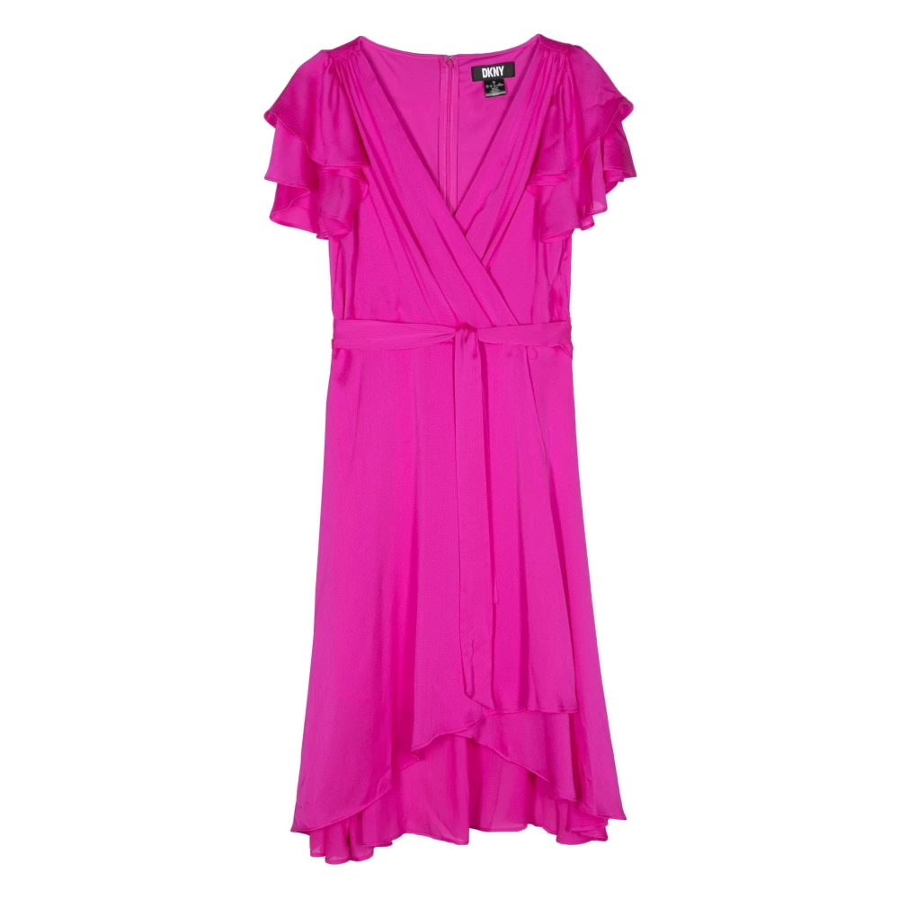 DKNY Blauwe Midi Jurk met Dubbele Ruche Pink Dames