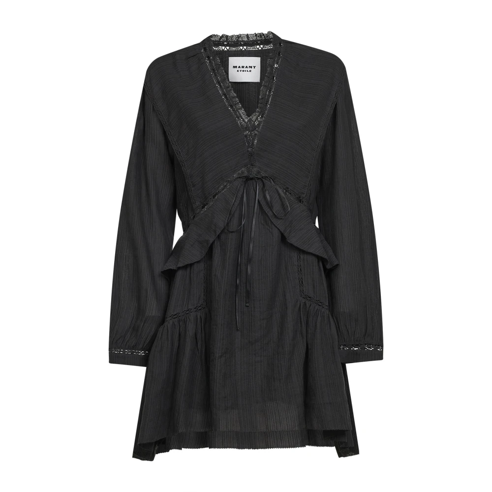 Marant Étoile Women's Black Short Dresses, S, V-Neck Lace-Trim Flared Short Dress