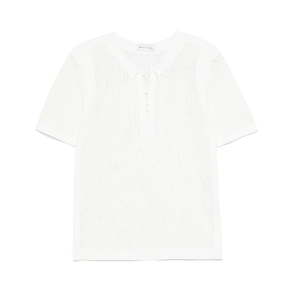 Dries Van Noten Witte Vetersluiting Korte Mouw Sweater White Heren