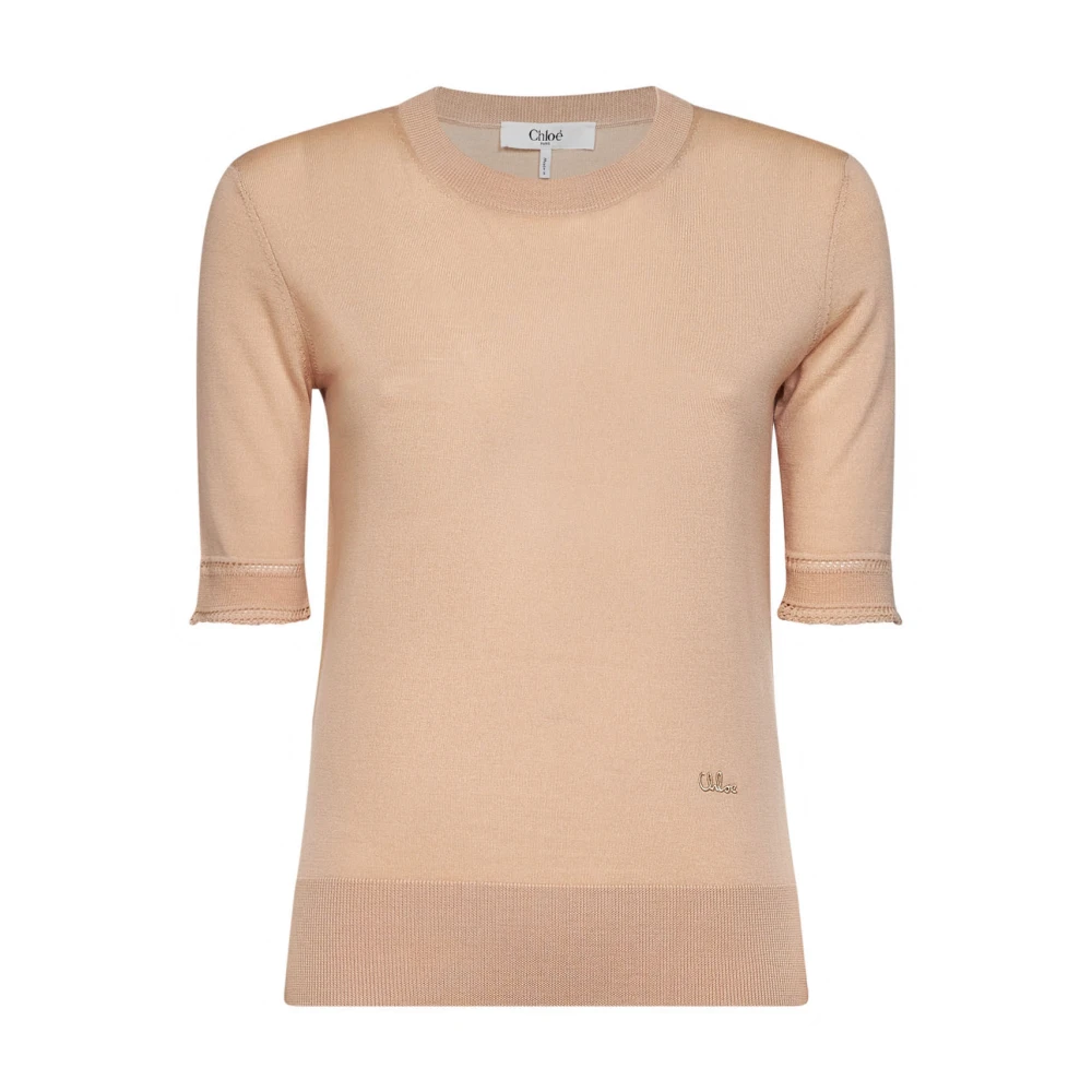 Chloé , Round-Neck Knitwear, Female, Pink, M, Crew-Neck Short-Sleeve Jumper