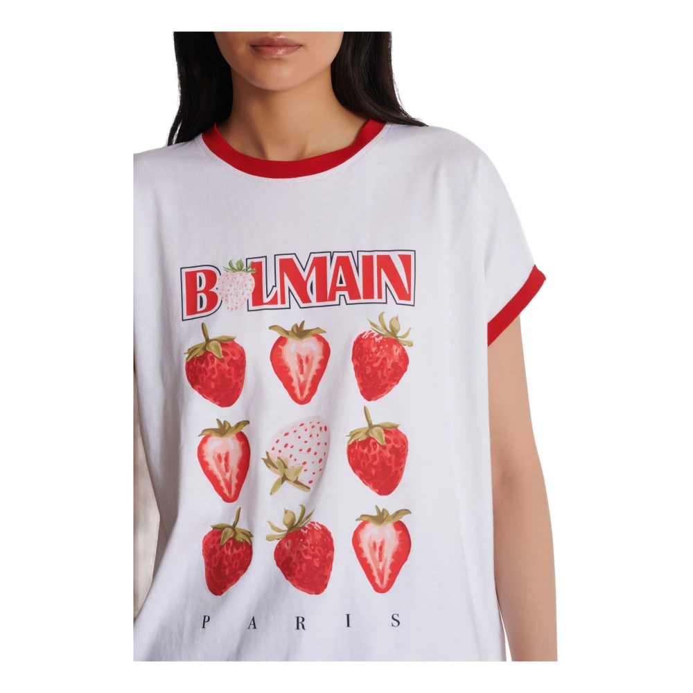 Balmain Tweekleurig T-shirt met Aardbeienprint White Dames