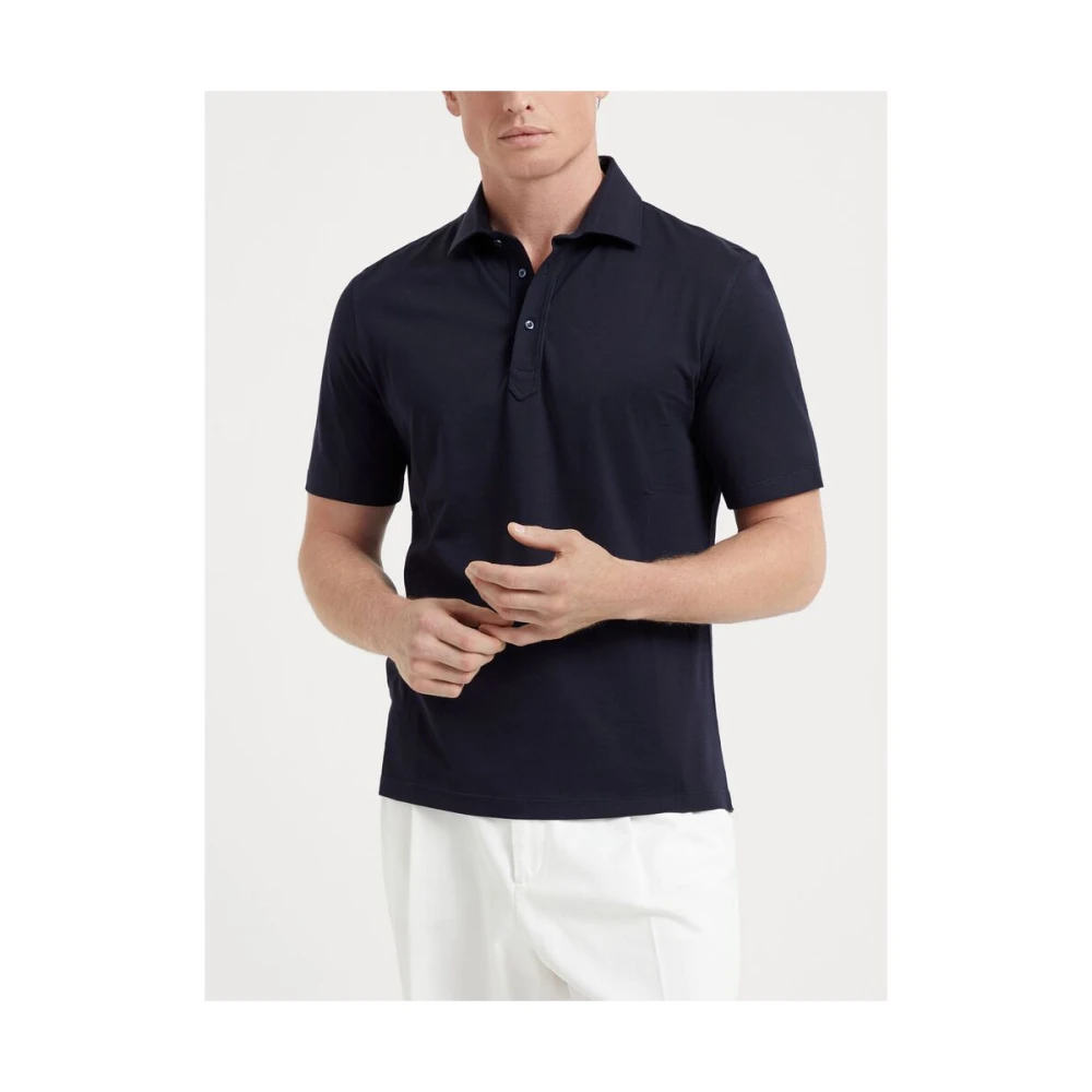 BRUNELLO CUCINELLI Navy Blue Katoen Polo Sweater Blue Heren