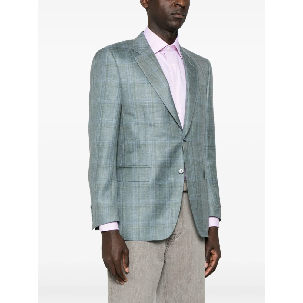 Canali Turquoise Blauw-Groen Geruite Blazer Green Heren