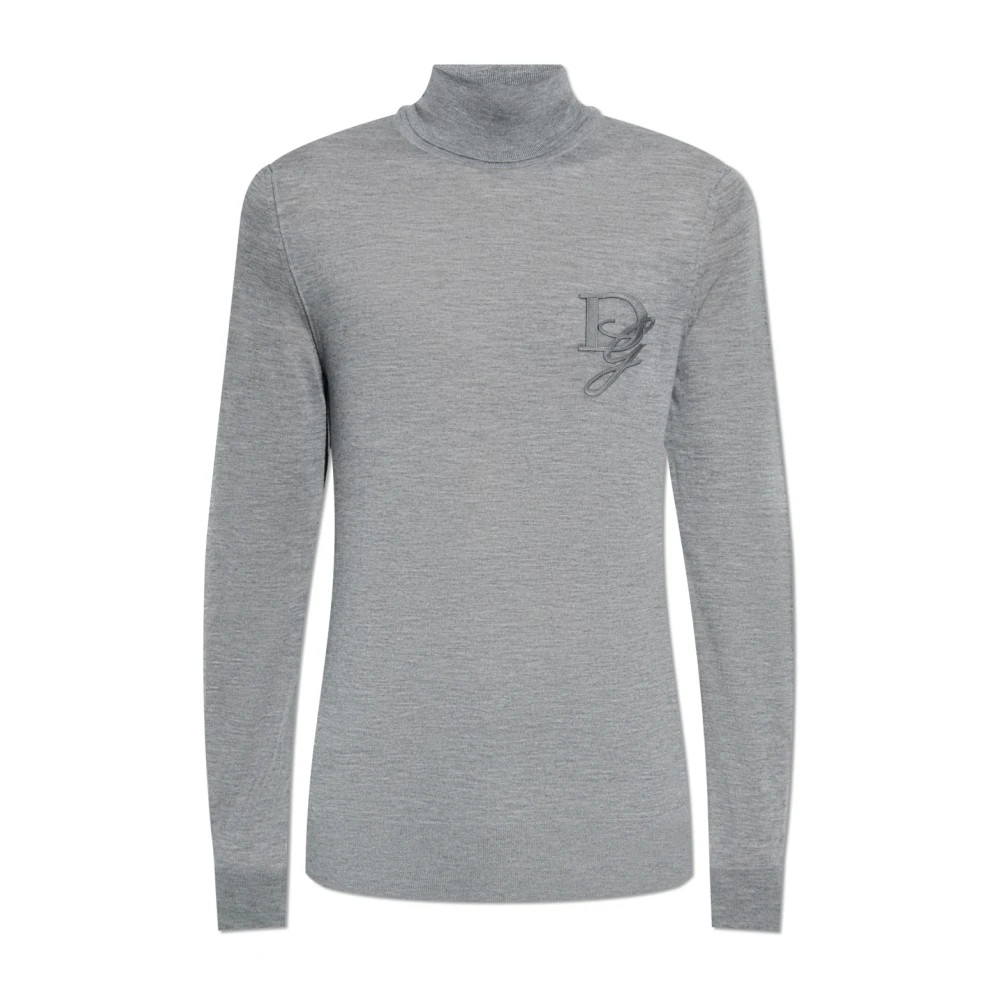 Dolce & Gabbana Men's Gray Cashmere Turtleneck Sweater With Embroidered Logo