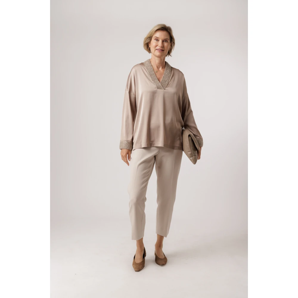 D.Exterior Gebreide V-hals Pailletten Blouse Beige Dames