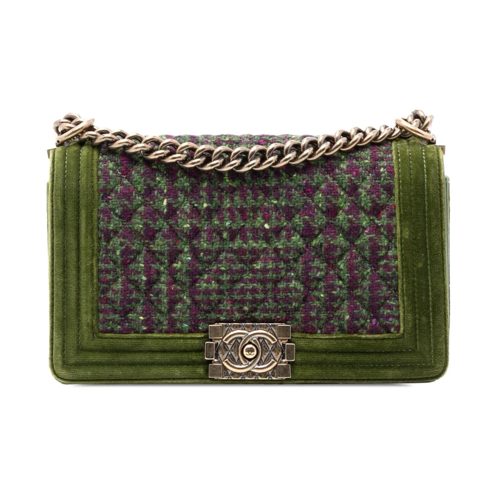 Chanel Vintage Women's Green Pre-Owned Quilted Tweed Shoulder Bag