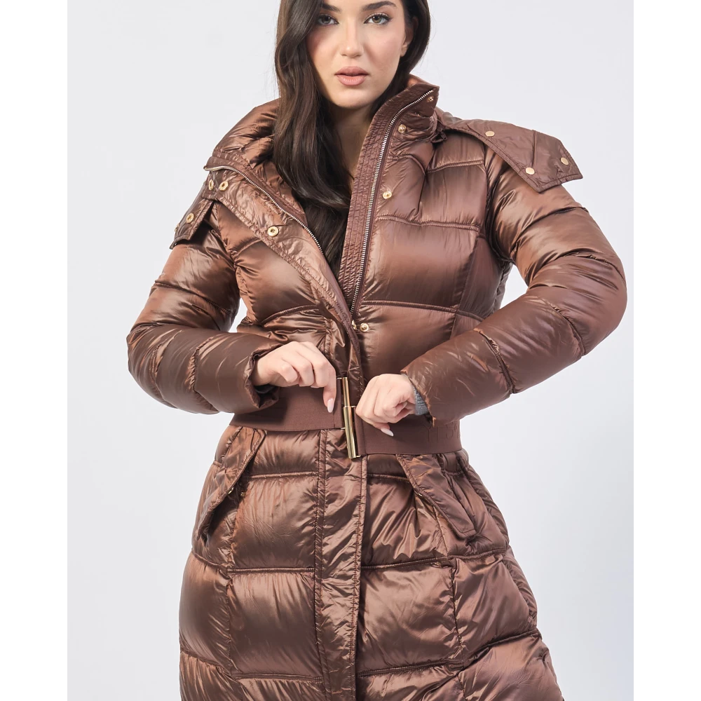 YES ZEE Bruine Gewatteerde Lange Jas met Capuchon Brown Dames