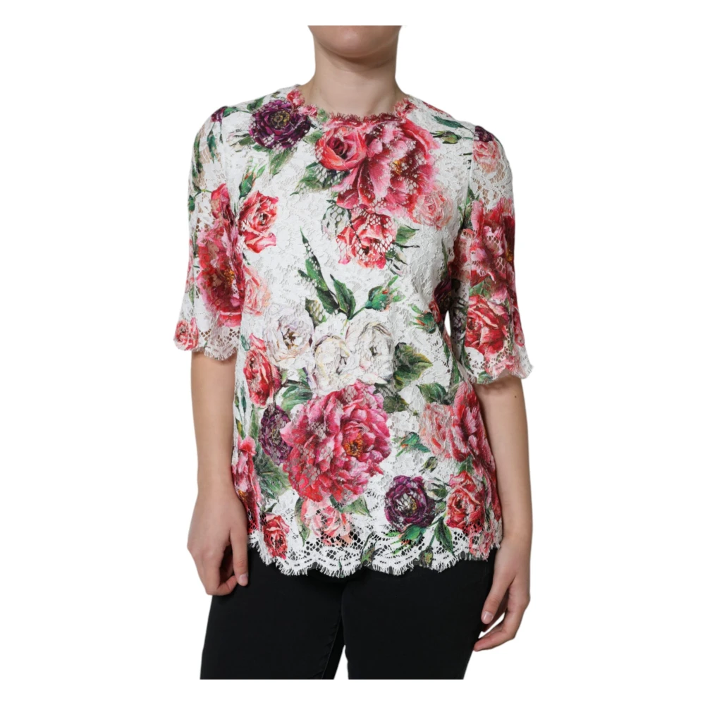 Dolce & Gabbana Women's White Floral Lace Short Sleeve Blouse