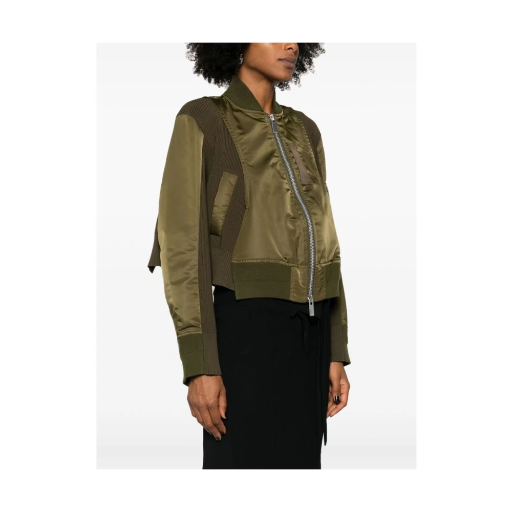 Sacai Groene Gebreide Panelen Gewatteerde Jas Green Dames