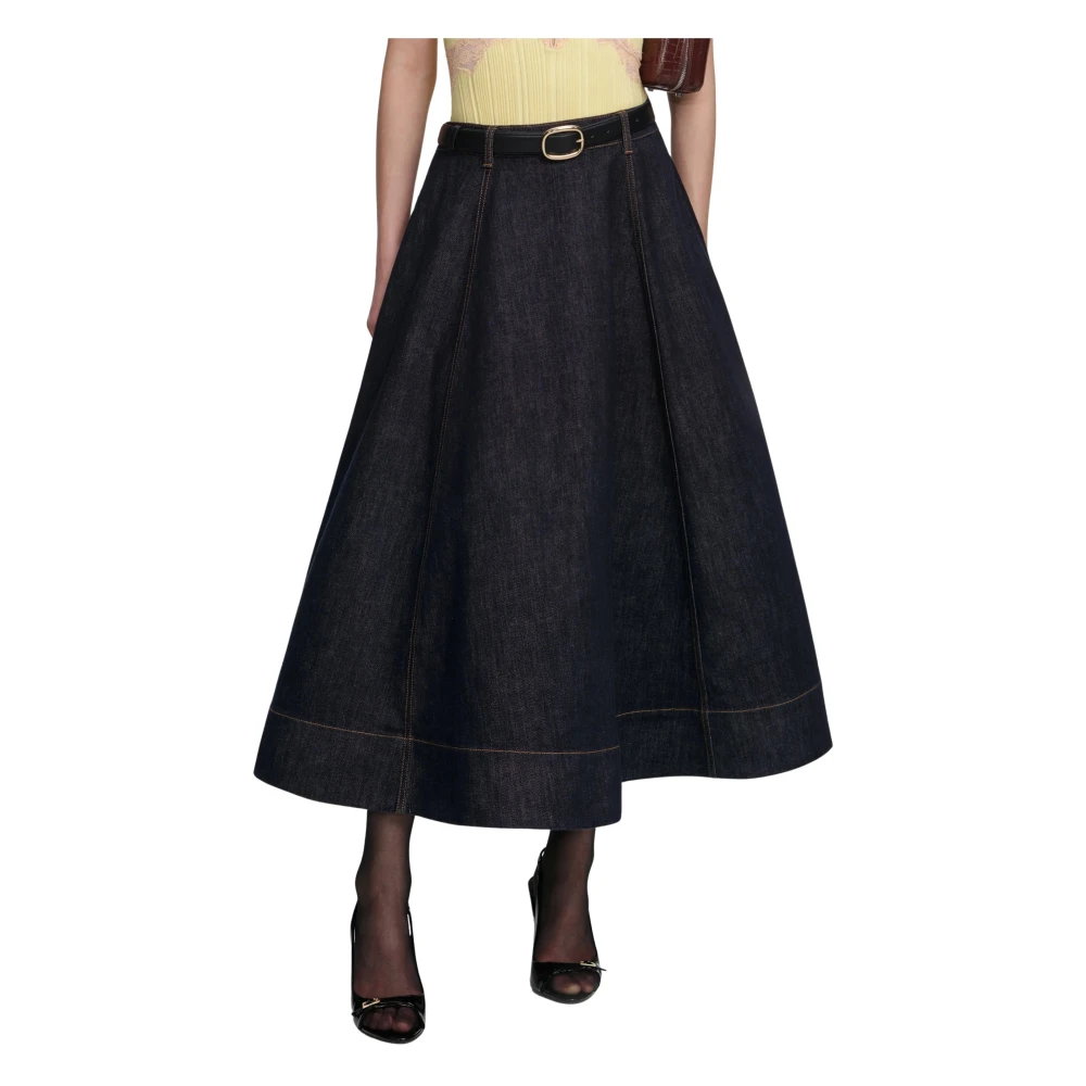 Self Portrait Flared Midi Skirt - Female - Denim Skirts - Blue - Xs - Skirts