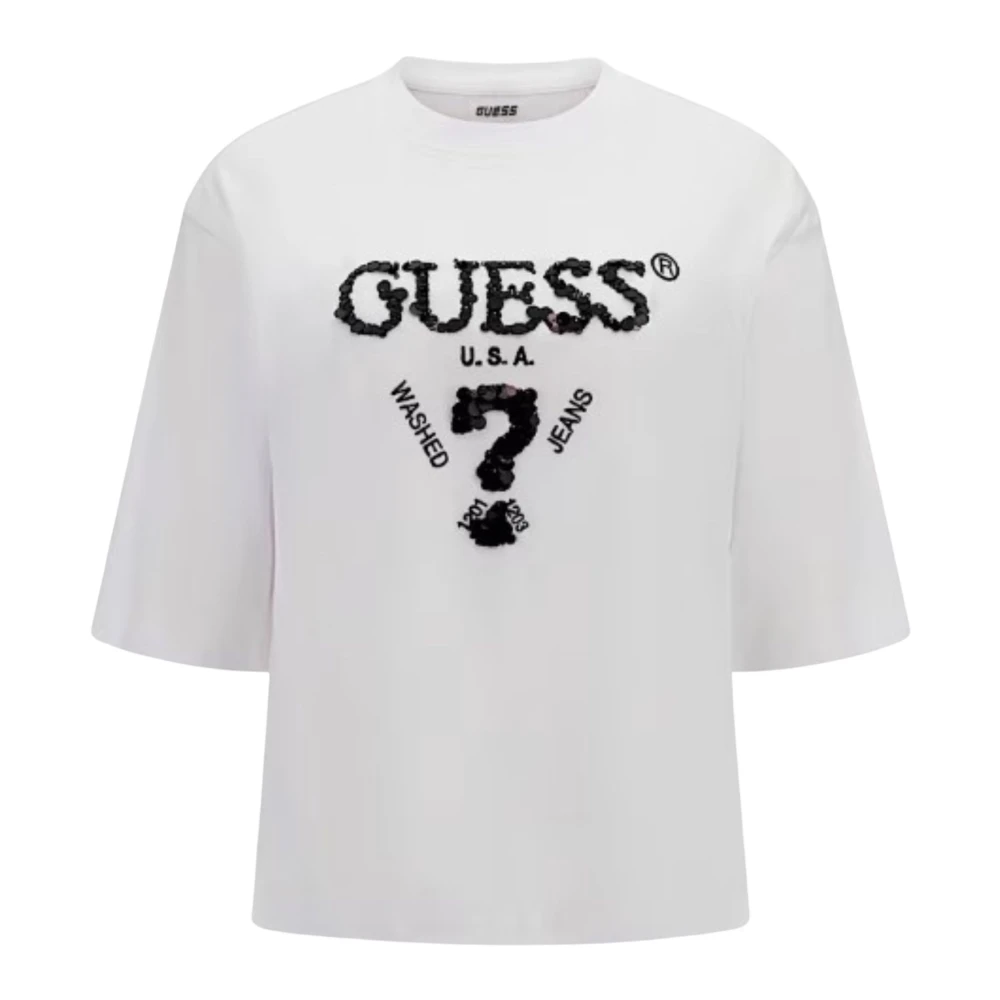 Guess Relaxed fit pailletlogo tee White Dames