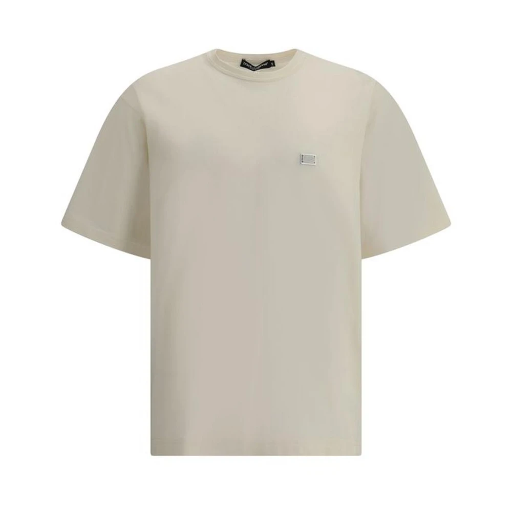 Dolce & Gabbana Iconic Logo Plaque T-shirt met Crew Neck Beige Heren