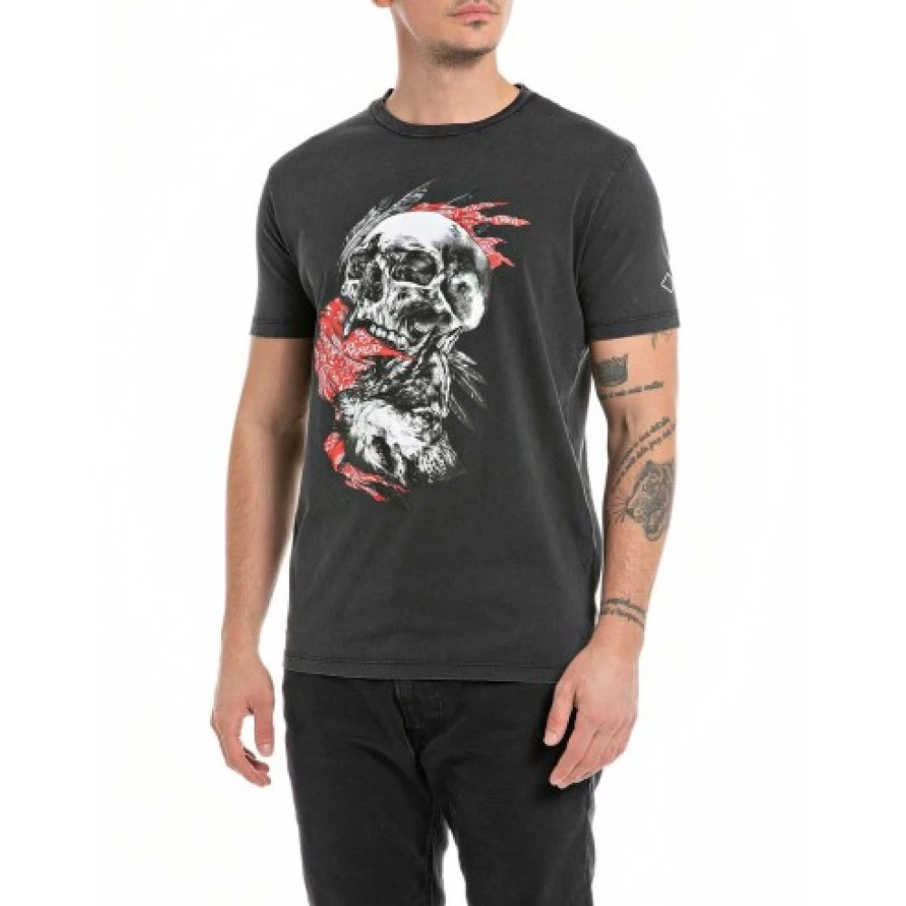 Replay Regular Slim T-Shirt met Skull en Wolf Print Black Heren