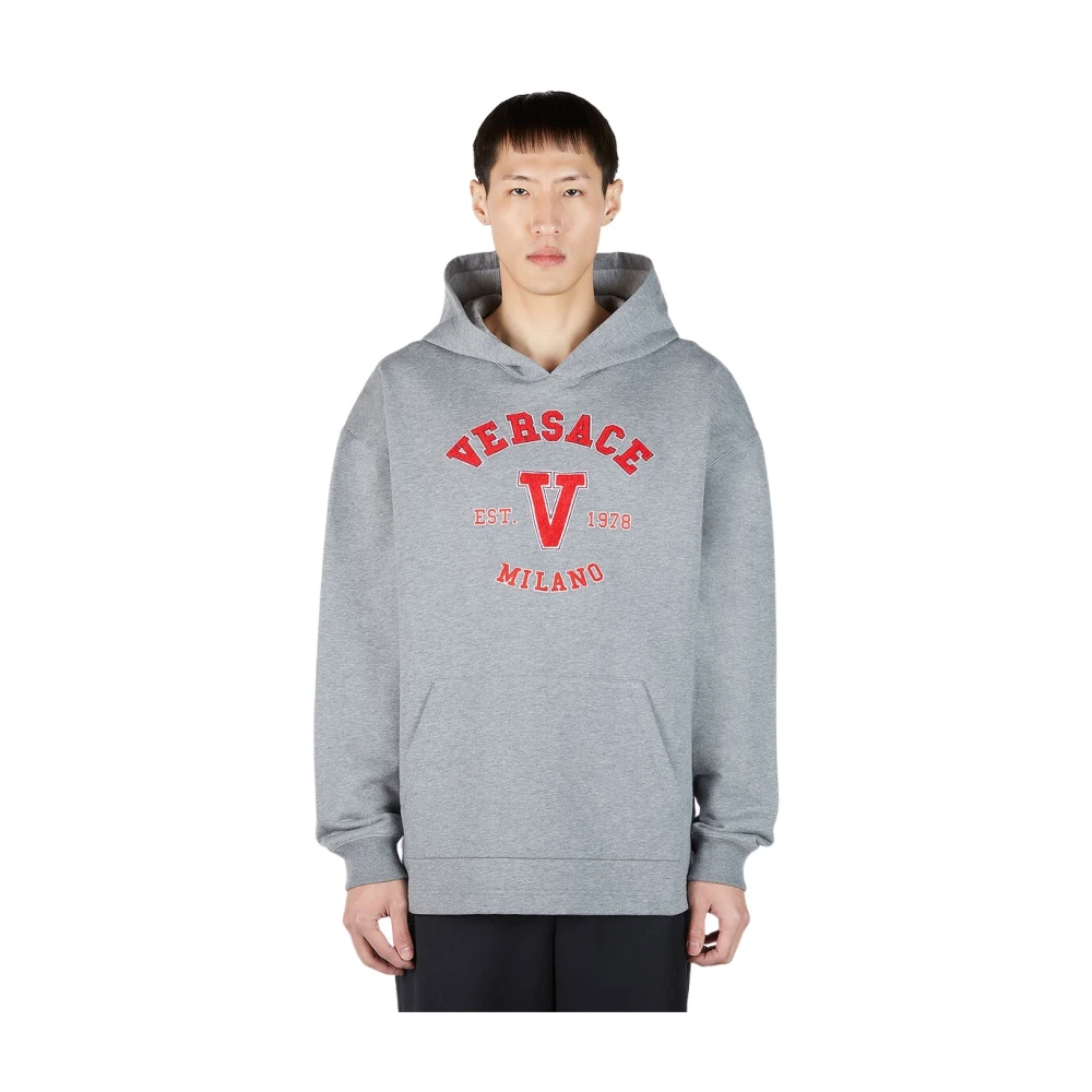 Versace Uomo Grigio - Varsity Logo Patch Hooded Sweatshirt, Size: L - Immagine 2