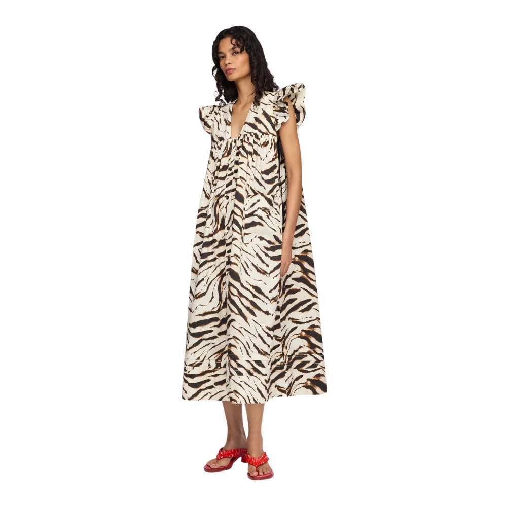 Ganni Printed Stretch Cotton Angel Long Dress - Female - Midi Dresses - Multicolor - Xs - Dresses