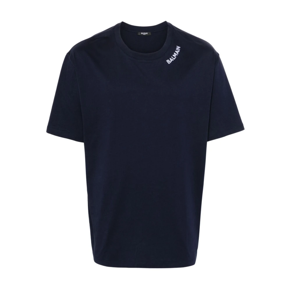 Balmain Marine Logo Wit Geborduurd T-shirt Blue Heren