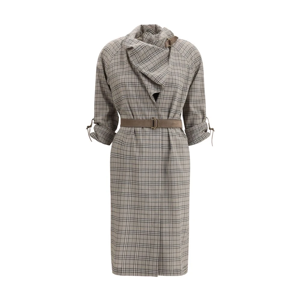 Burberry Women's Gray Midi Dresses, Xs, Wool Check Dress With Shawl Collar