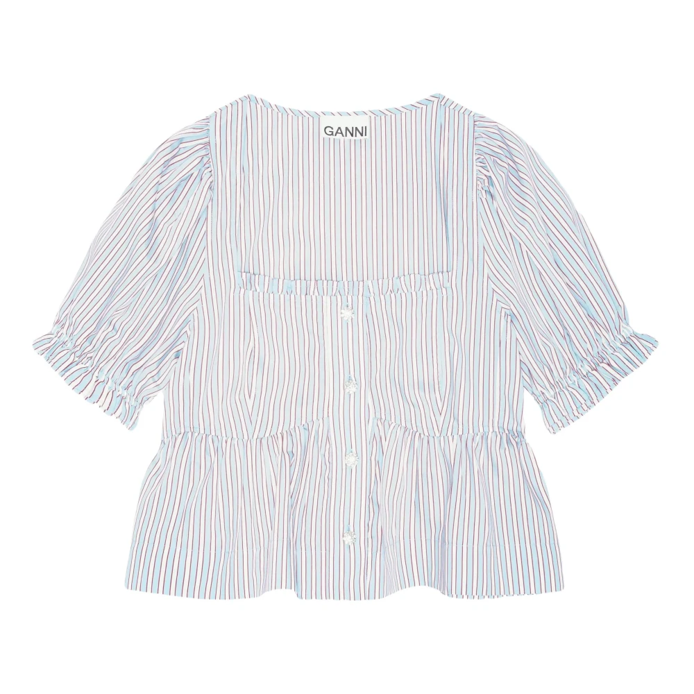 Ganni Women's Blue Striped Blouse With Puff Sleeves