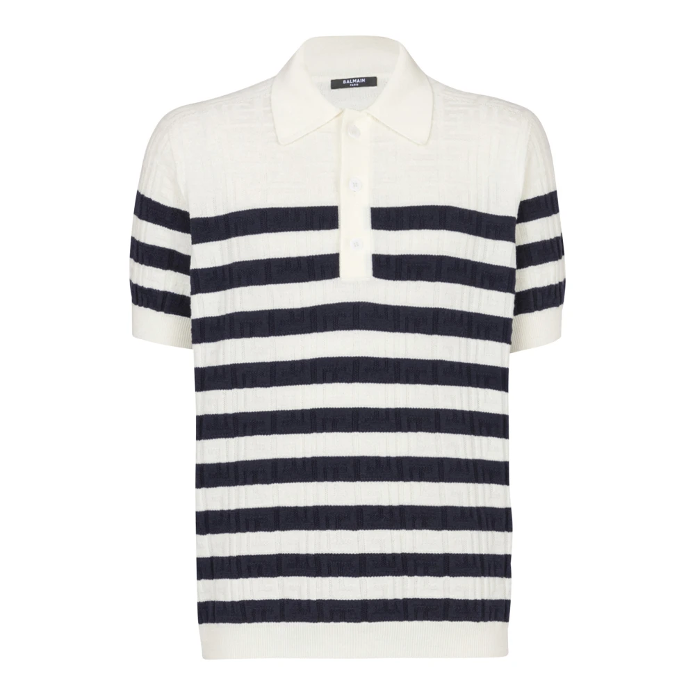 Balmain White Striped Knit Polo Shirt With Monogram - Male - Polo Shirts - L - Tops