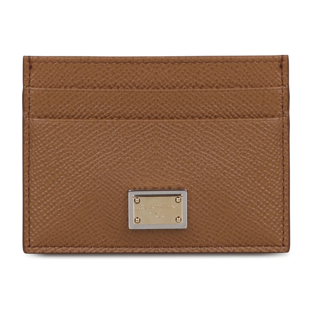Dolce & Gabbana Logo-Plaque Kaarthouder met Korrelige Textuur Brown Dames