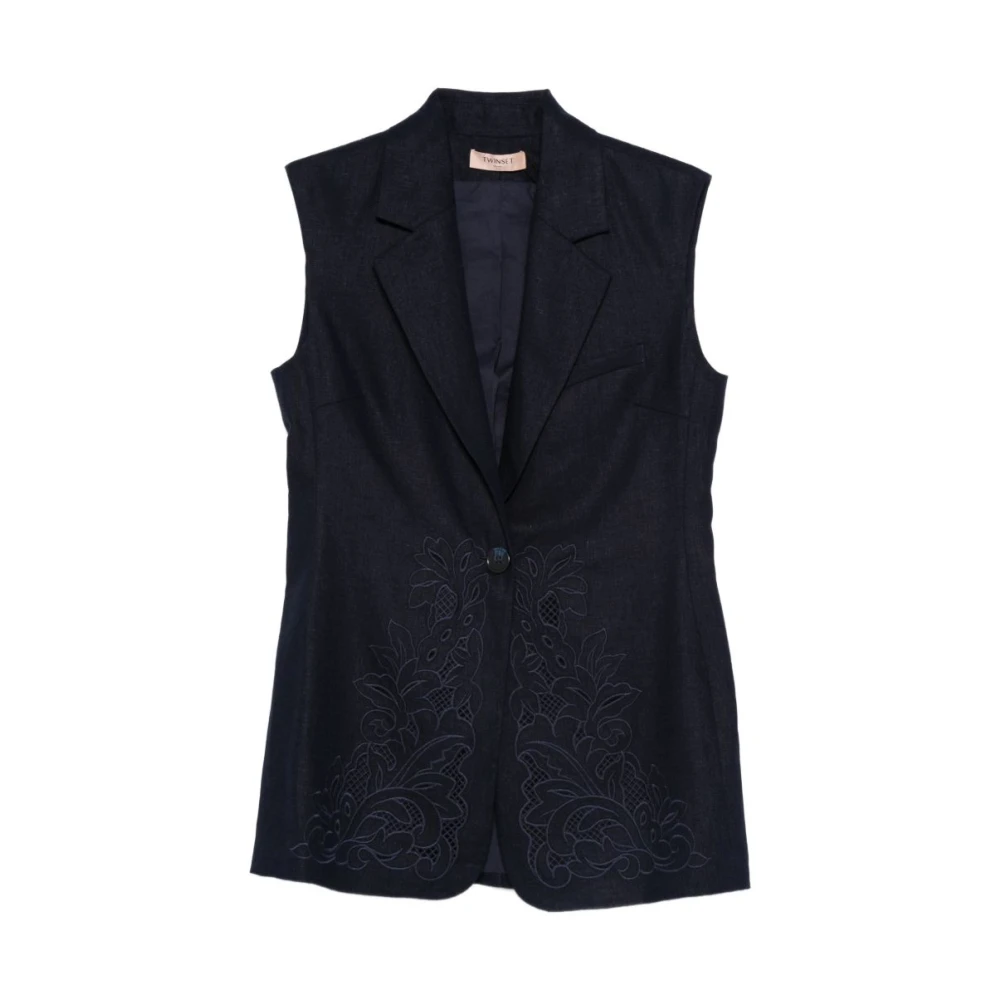 Twinset Women's Blue Blazers, L, Floral Embroidery Sleeveless Blazer
