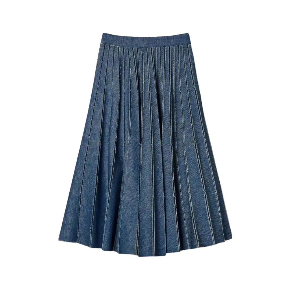 Twinset Blue Long Plissé Denim Skirt - Female - Denim Skirts - S - Skirts
