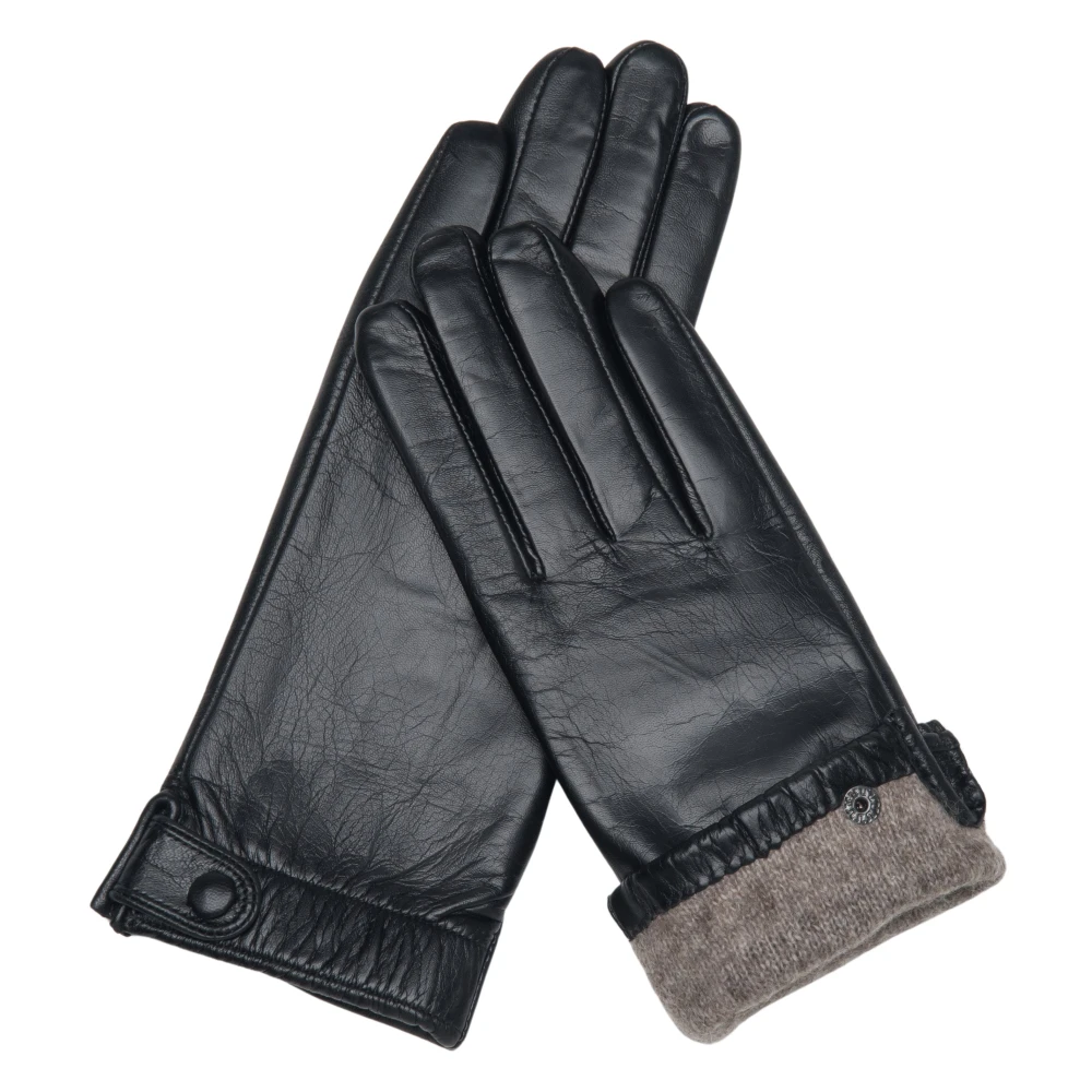 Estro Women's Black Gloves, 7 In, Genuine Leather Gloves With Snap Closure