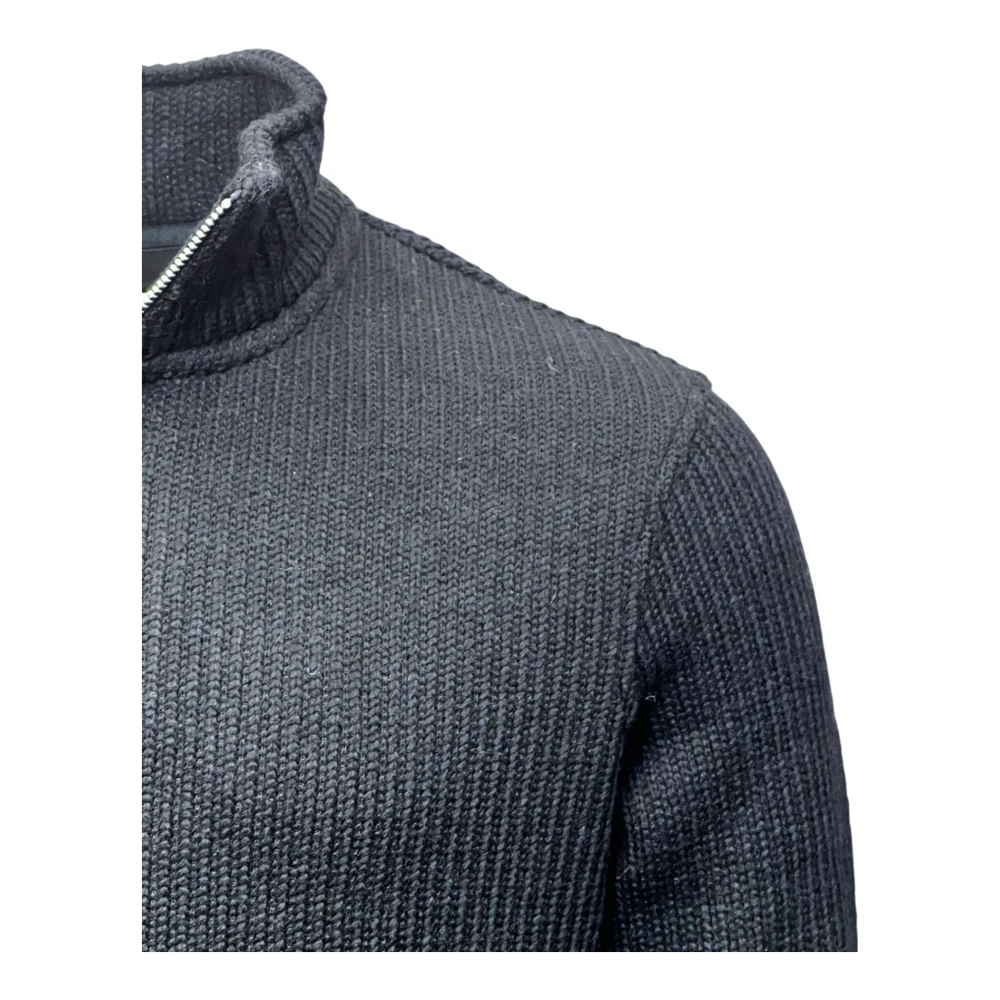 Brixtol Textiles Zwarte Gebreide Jas met 2-Weg Rits Blue Heren