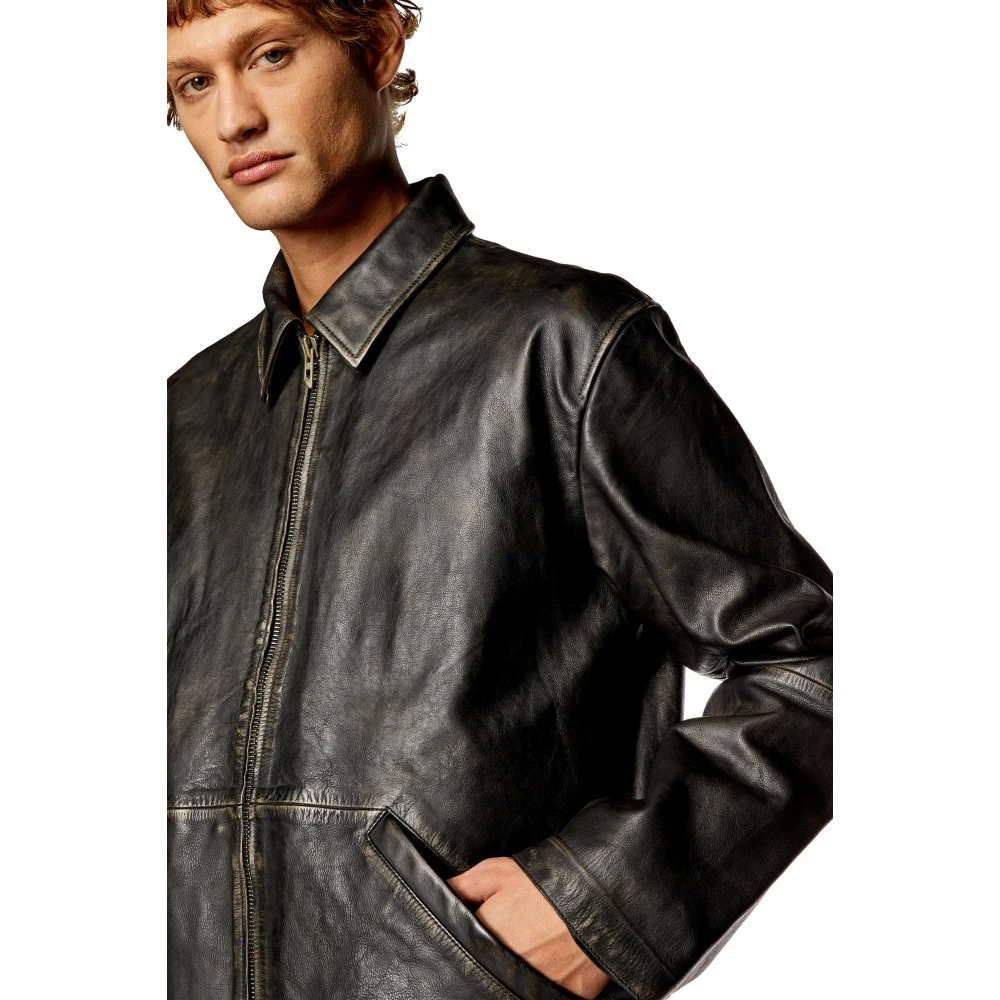 Diesel Treated leather jacket with raw edges Black Heren