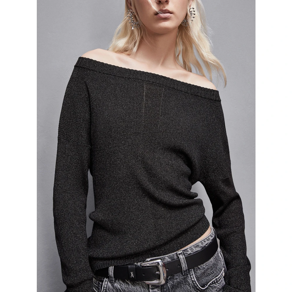 PATRIZIA PEPE Elegante Zwarte Boothals Trui met Lurex Black Dames