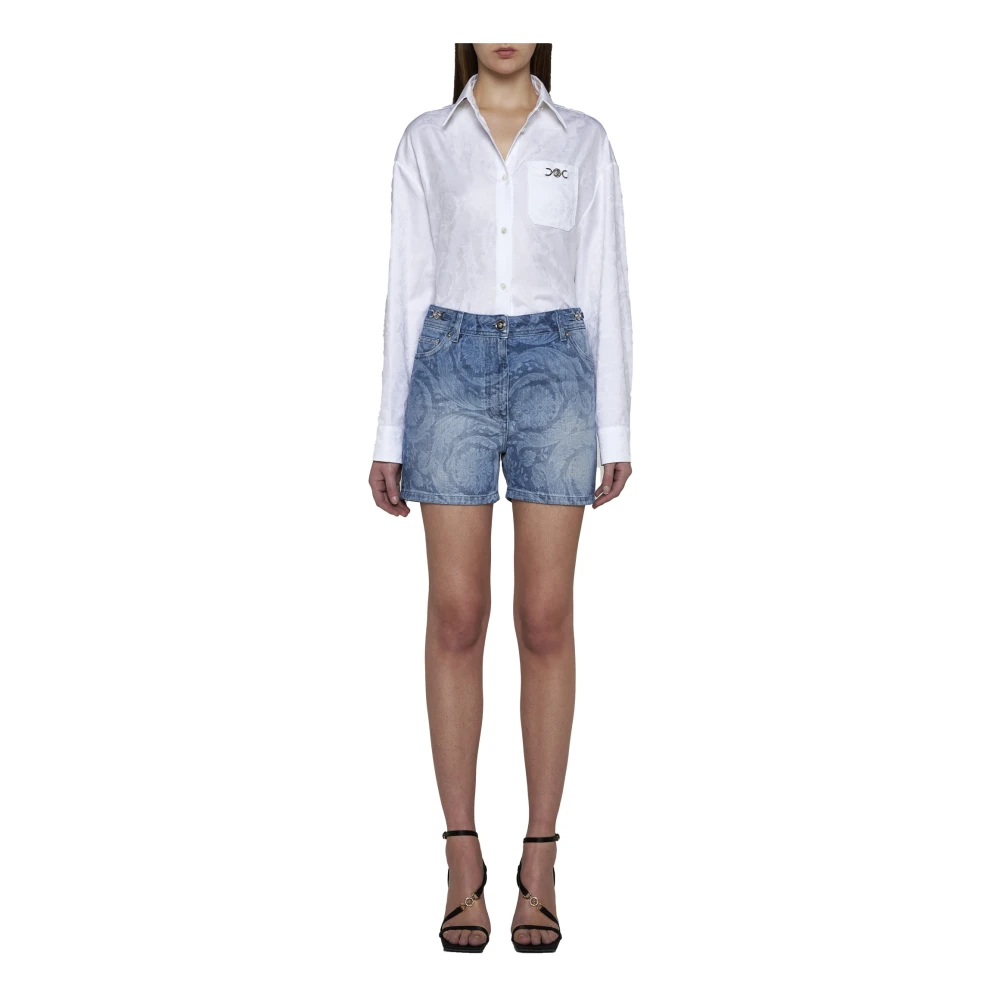Versace Abstract Patroon Denim Shorts Blue Dames