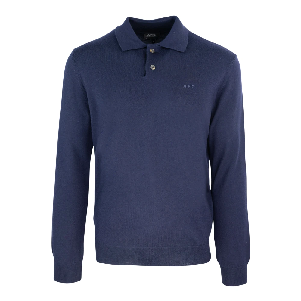 A.p.c. Blauwe Polo Franse Kraag Merinowol Blue Heren