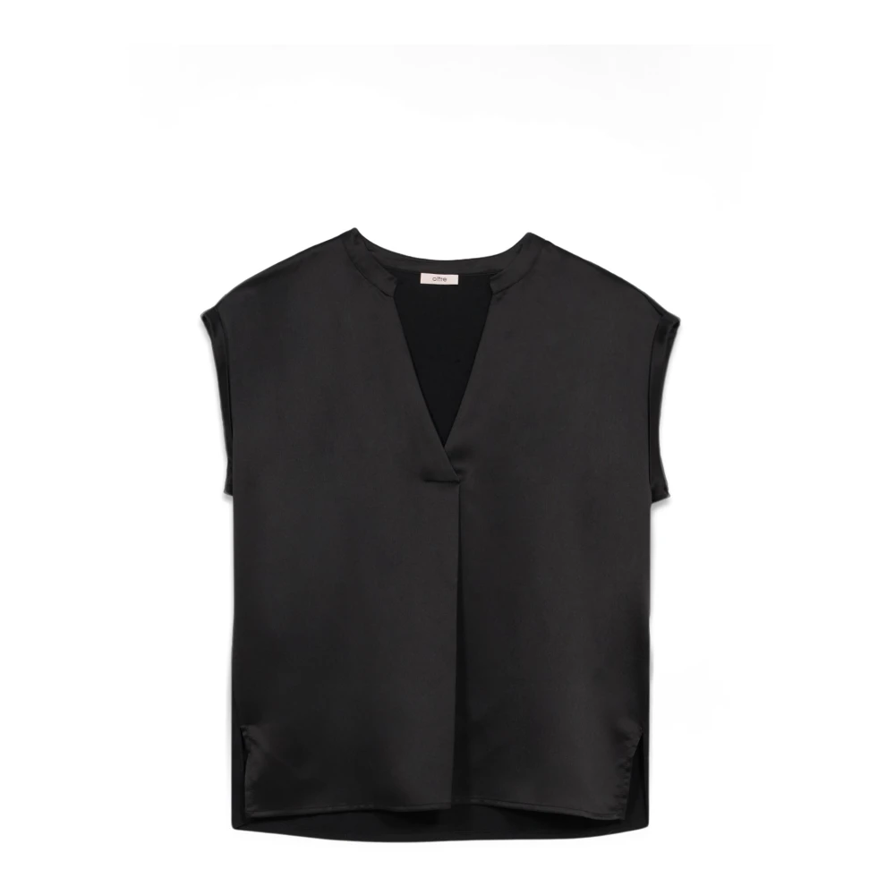 Oltre V-hals T-shirt van twee materialen Black Dames
