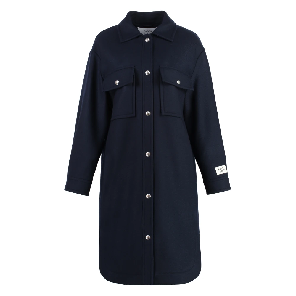 Maison Kitsuné Klassieke wollen jas met afgeronde zoom Blue Dames