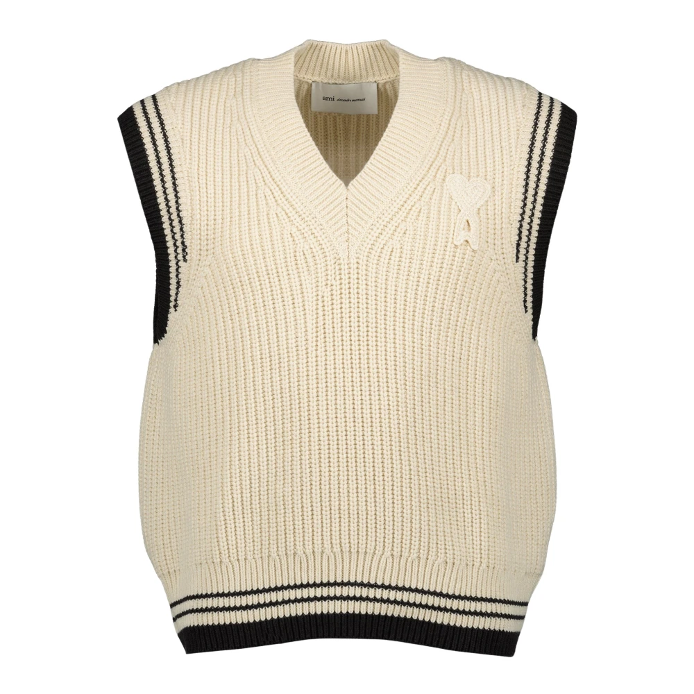 Ami Paris Men's Beige De Coeur Sleeveless V-Neck Knit - Sleeveless Jumpers - L - Knitwear