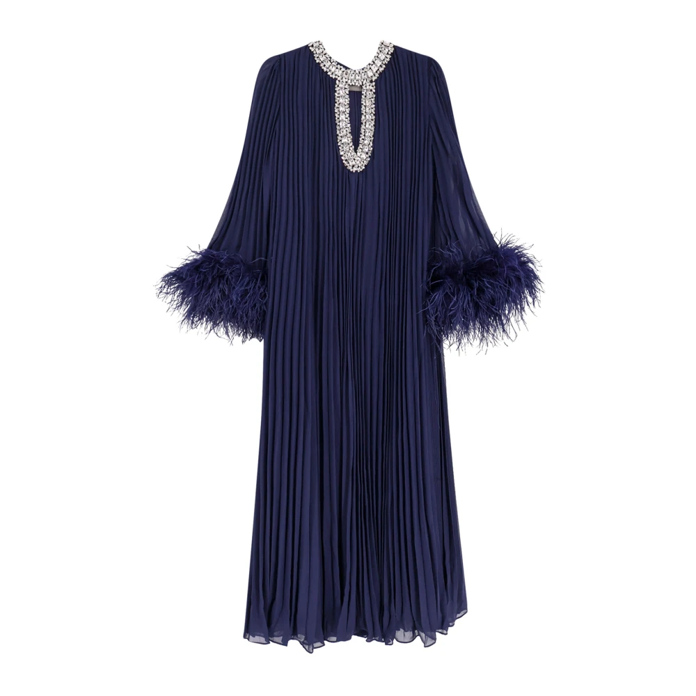 Self Portrait Women's Blue Gowns, Xs, Chiffon Feather Midi Dress