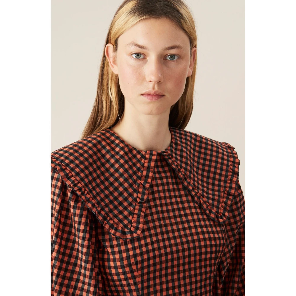 Ganni Geruite Seersucker Mini Jurk Red Dames