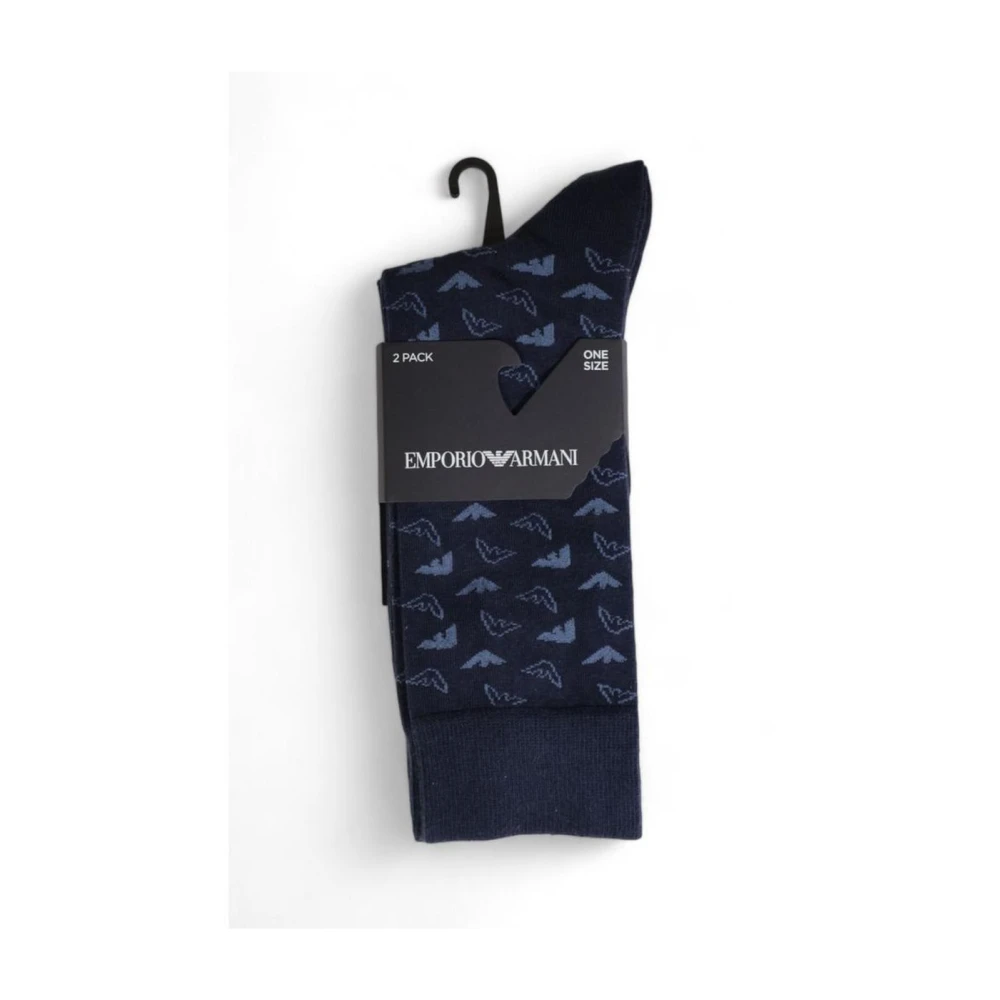 Emporio Armani Blauwe Katoenen Crew Sokken Logo Print Blue Heren