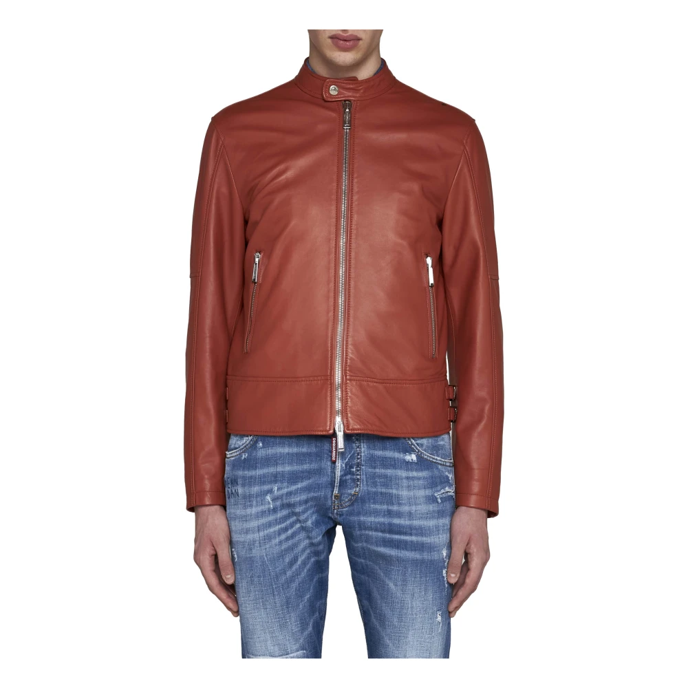 Dsquared2 Rode Katoenen Leren Jas met Rits Brown Heren