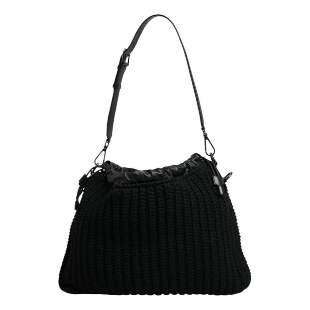 Dolce & Gabbana , Shoulder Bags, Female, Black, One Size, Black Cashmere Knitted Leather Shoulder Bag