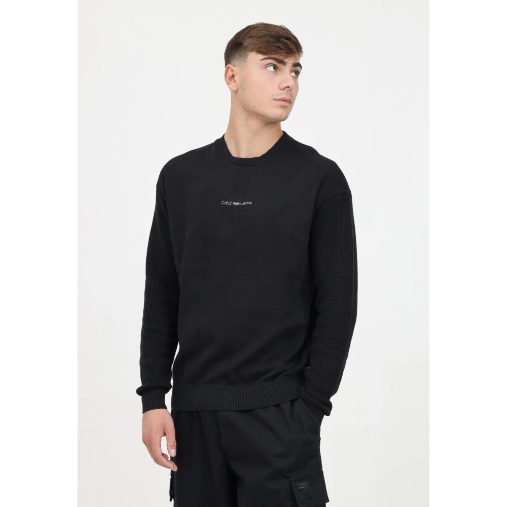 Calvin Klein Jeans Zwarte Crewneck Sweater Logo Borst Black Heren
