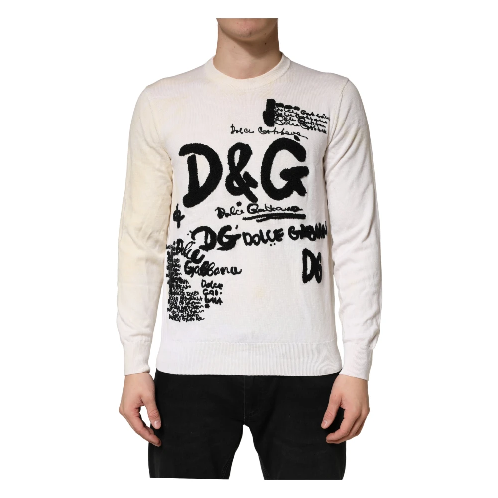 Dolce & Gabbana , Round-Neck Knitwear, Male, White, L, Crewneck Jumper