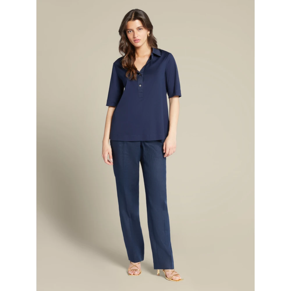 Elena Mirò Satin Kraag T-Shirt Korte Mouw Blue Dames